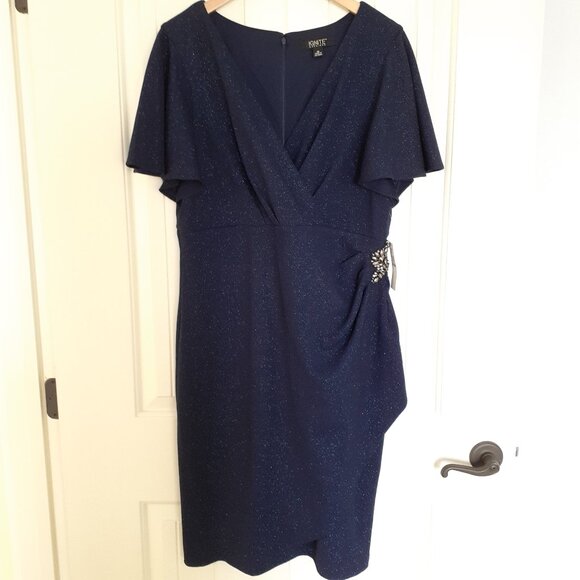 NWT Ignite Evenings Short Sleeve Surplice V-Neck Sheath Dress Navy Blue Size 16 - Picture 1 of 15